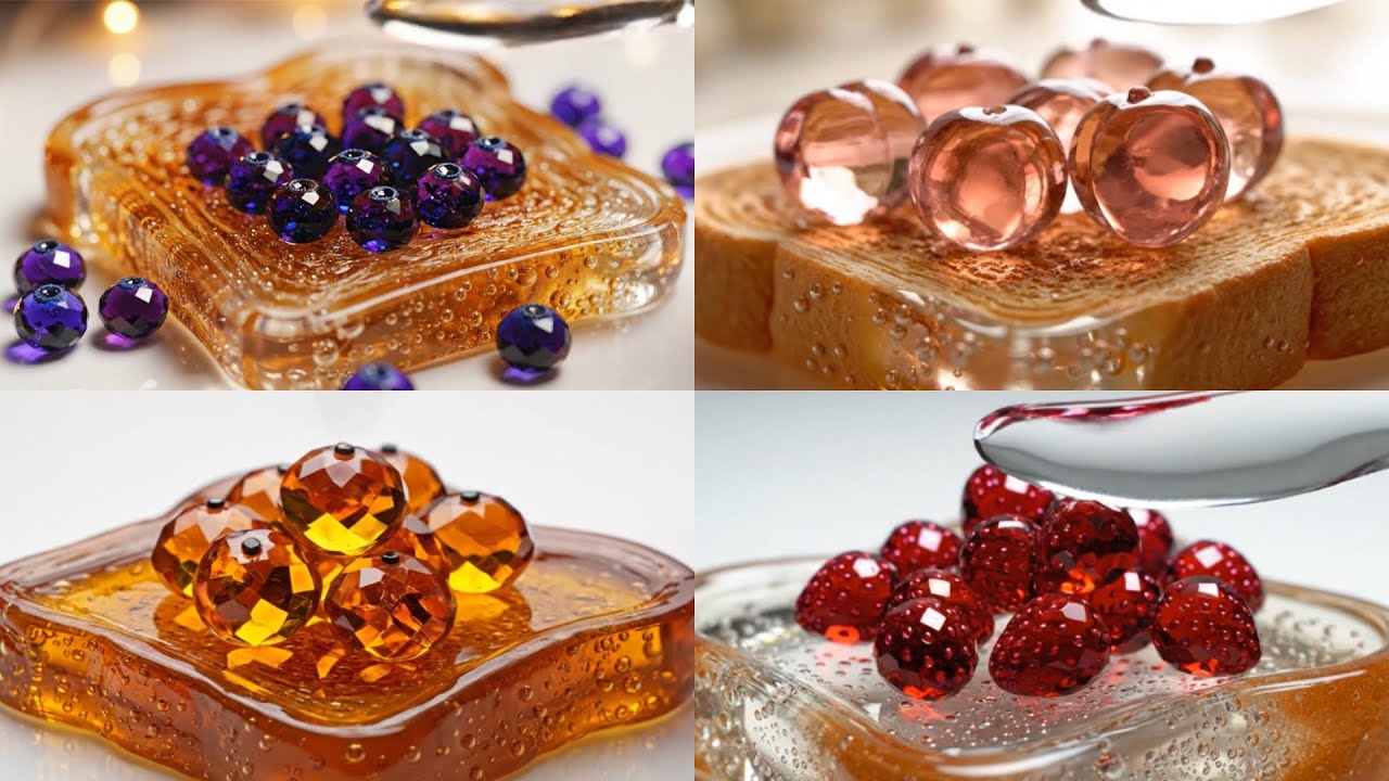 ガラスのフルーツジャムトーストASMR🍎🍇🍋｜宝石のように潰して伸ばすGlass Fruit Jam Toast ASMR | Crushing & Stretching Crystal Fruits