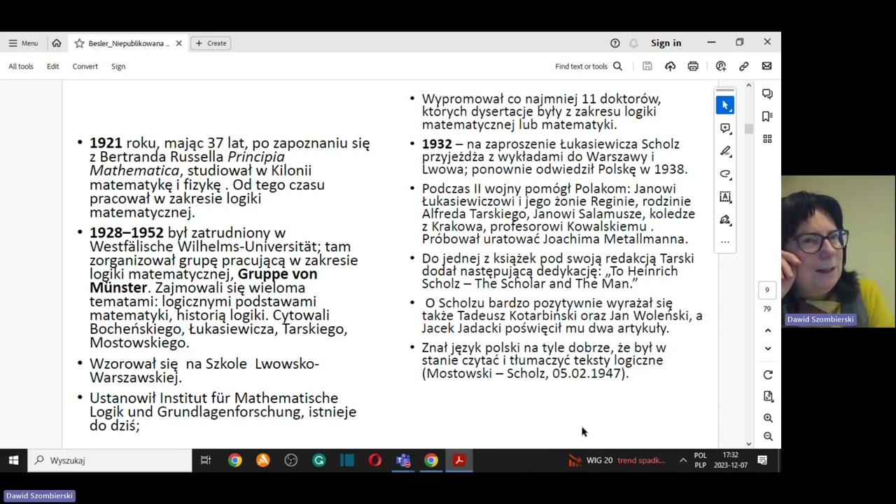 Niepublikowana korespondencja polskich logików z Heinrichem Scholzem, prof. Gabriela Besler,