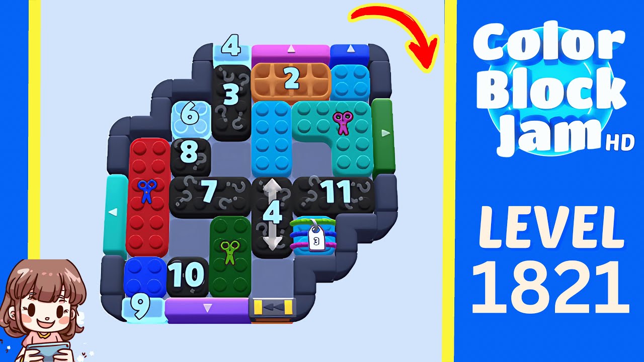 Color Block Jam Level 877 historical Level 1821 board with a 1:50 timer, stepped upper-left wall, central blue/teal pieces, and bottom purple/yellow/cyan lanes opening frame