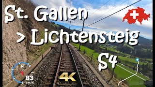 CAB RIDE 4K : CH : S4 St. Gallen  Lichtensteig  Suisse / Schweiz / Switzerland