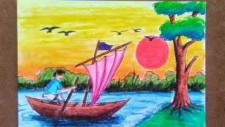 How to draw a boat with man step by step/Love in Art/scenery drawing of polo pastel colour