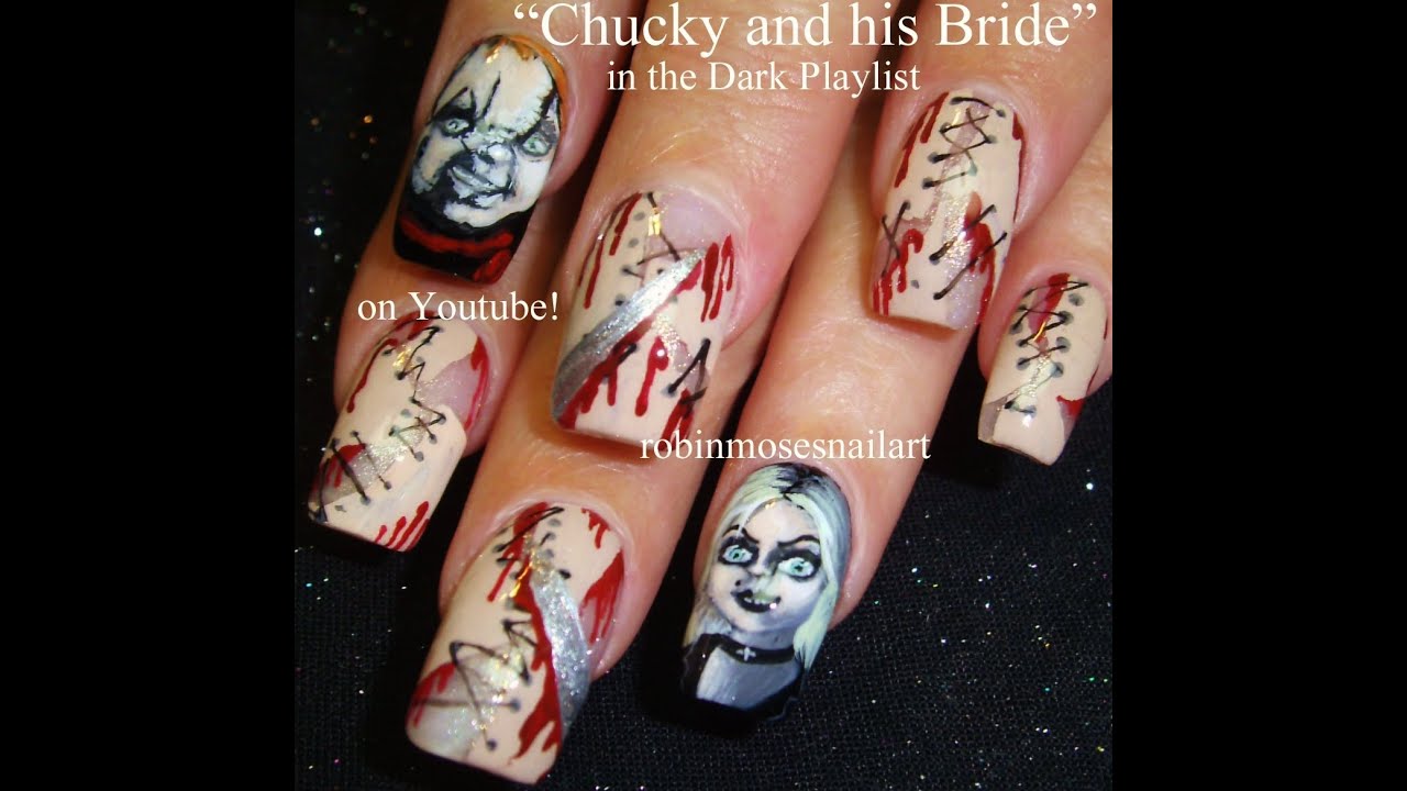 Diy Halloween Nail Art Bride Of Chucky Nail Design Youtube