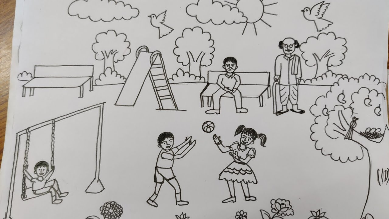 How to draw park picture easily for kids / Drawing for beginners / A to