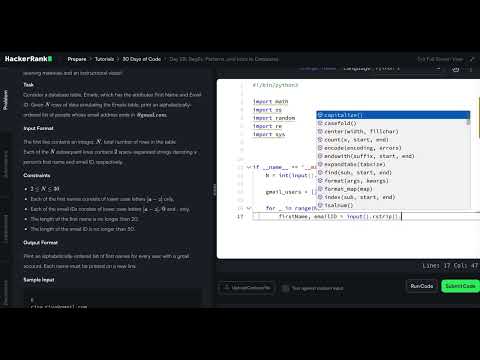 HackerRank Python 30 Days of Code - Day 28: RegEx, Patterns and Intro to Databases