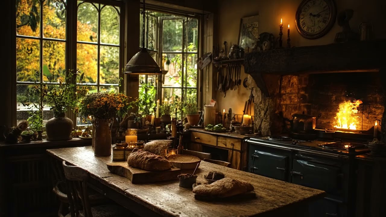Rainy Night in a Cozy Kitchen 🌧️🔥 Fireplace Sounds for Deep Sleep & Relaxation