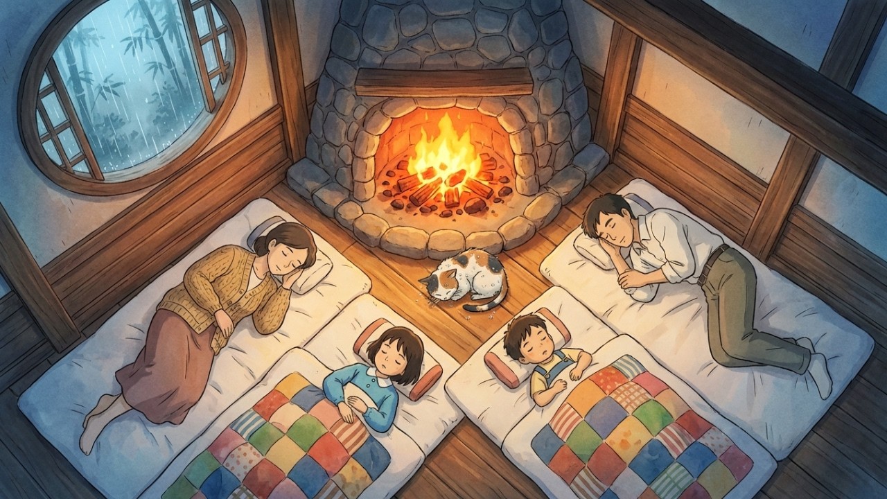 Rainy Night in a Japanese Countryside Cabin — Cozy Hearth & Family Sleep | Ghibli-Style ASMR