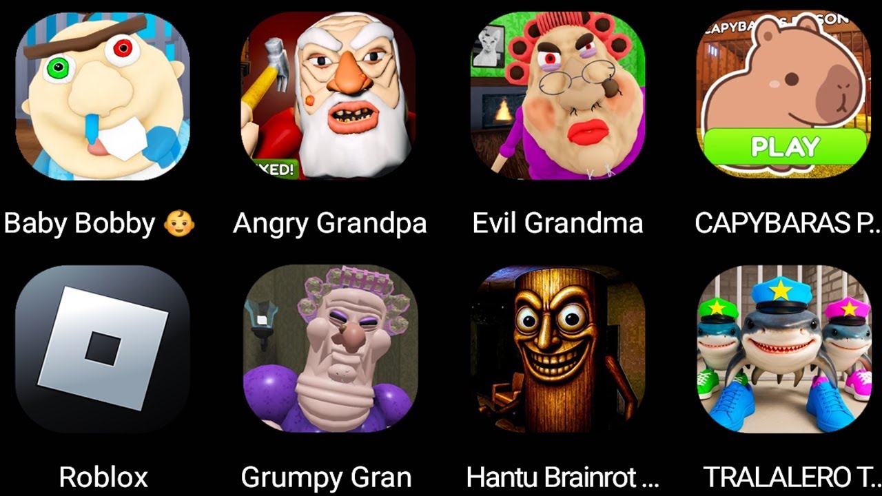 ESCAPE EVIL GRANDMA,Roblox,RUN FROM GRANDPA,Escape Baby Bobby Daycare,CAPYBARA'S PRISON,GRUMPY GRAN