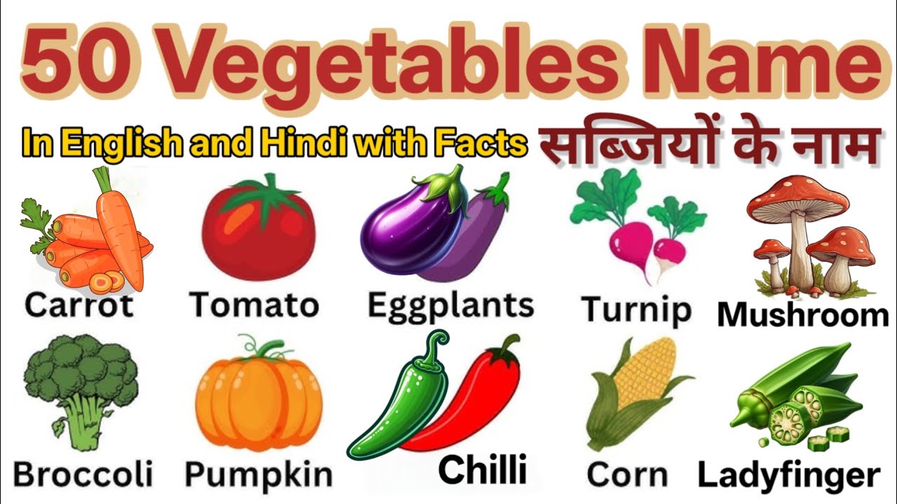 50 Vegetables Name in English and Hindi with Facts | सब्जियों के नाम |Kids Vegetables Learning Video
