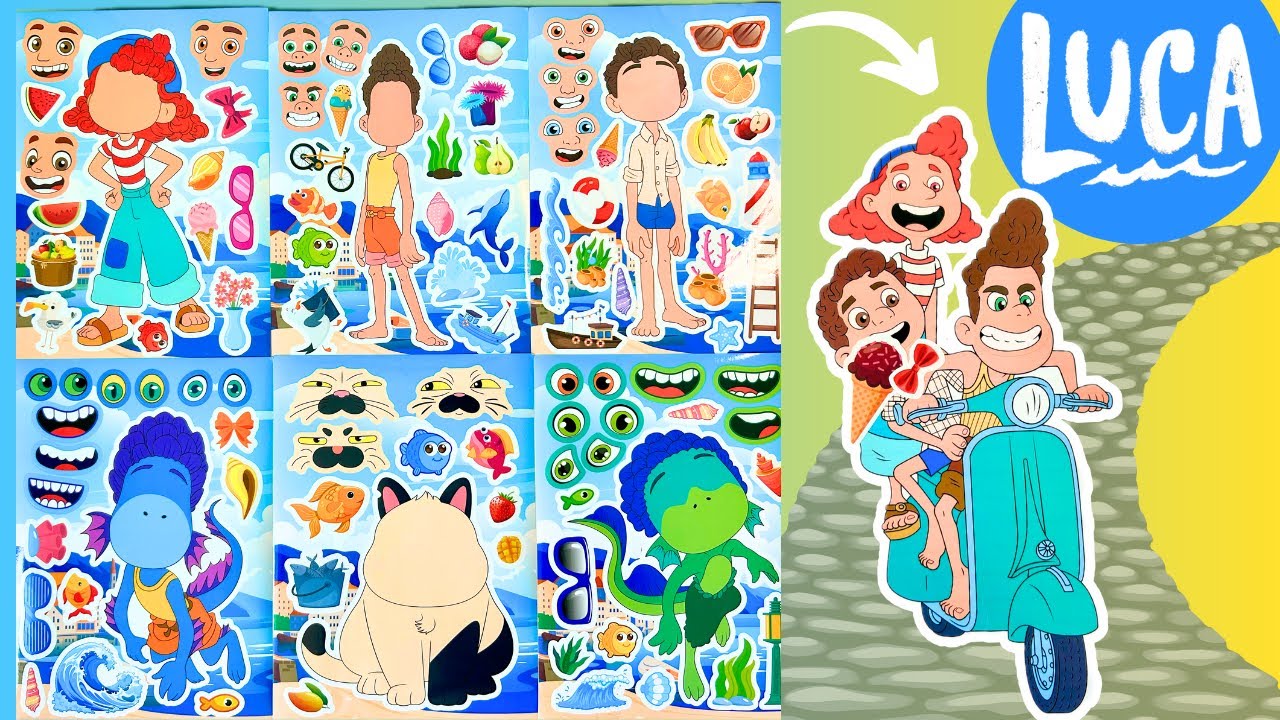 Disney LUCA Movie DIY Make a Face Stickers Activity with Luca, Alberto, Giulia