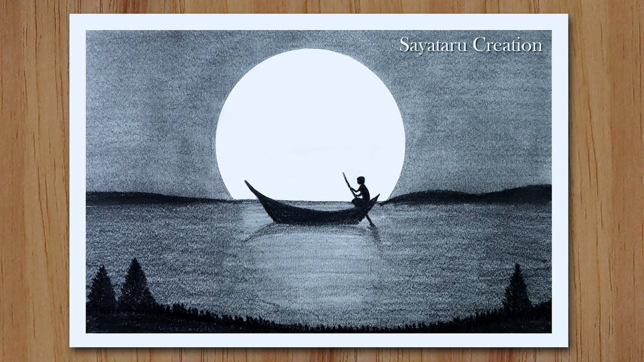 How to Draw Moonlight Night with pencil step by step, Pencil Drawing