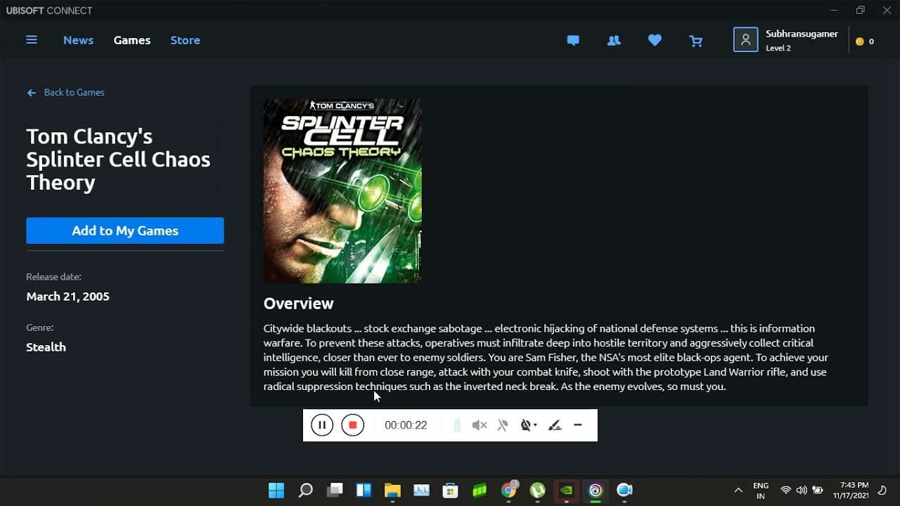 TOM CLANCY'S SPLINTER CELL CHAOS THEORY  FREE TO CLAIM ON UBISOFT CONNECT FOR PC