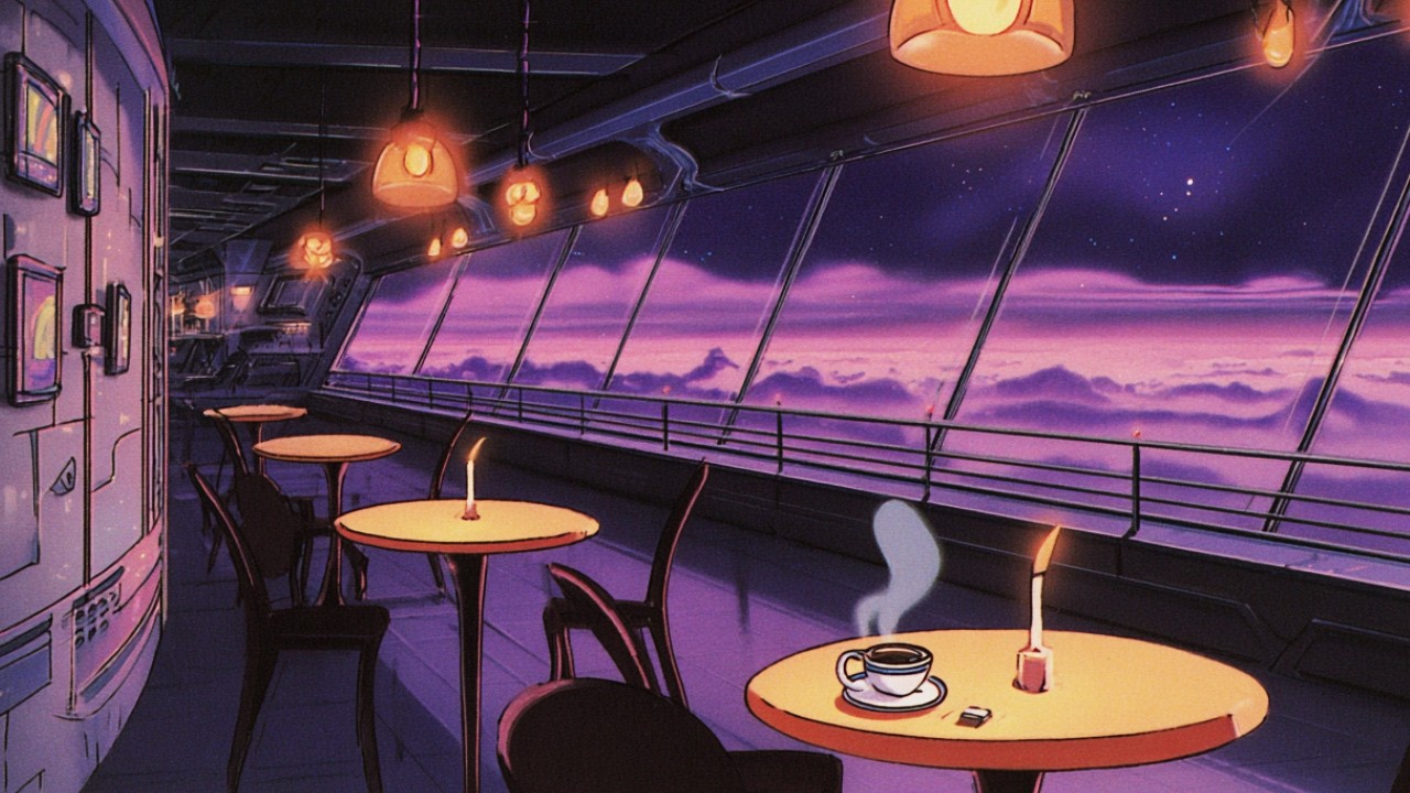 a warm jazz café beneath alien constellations
