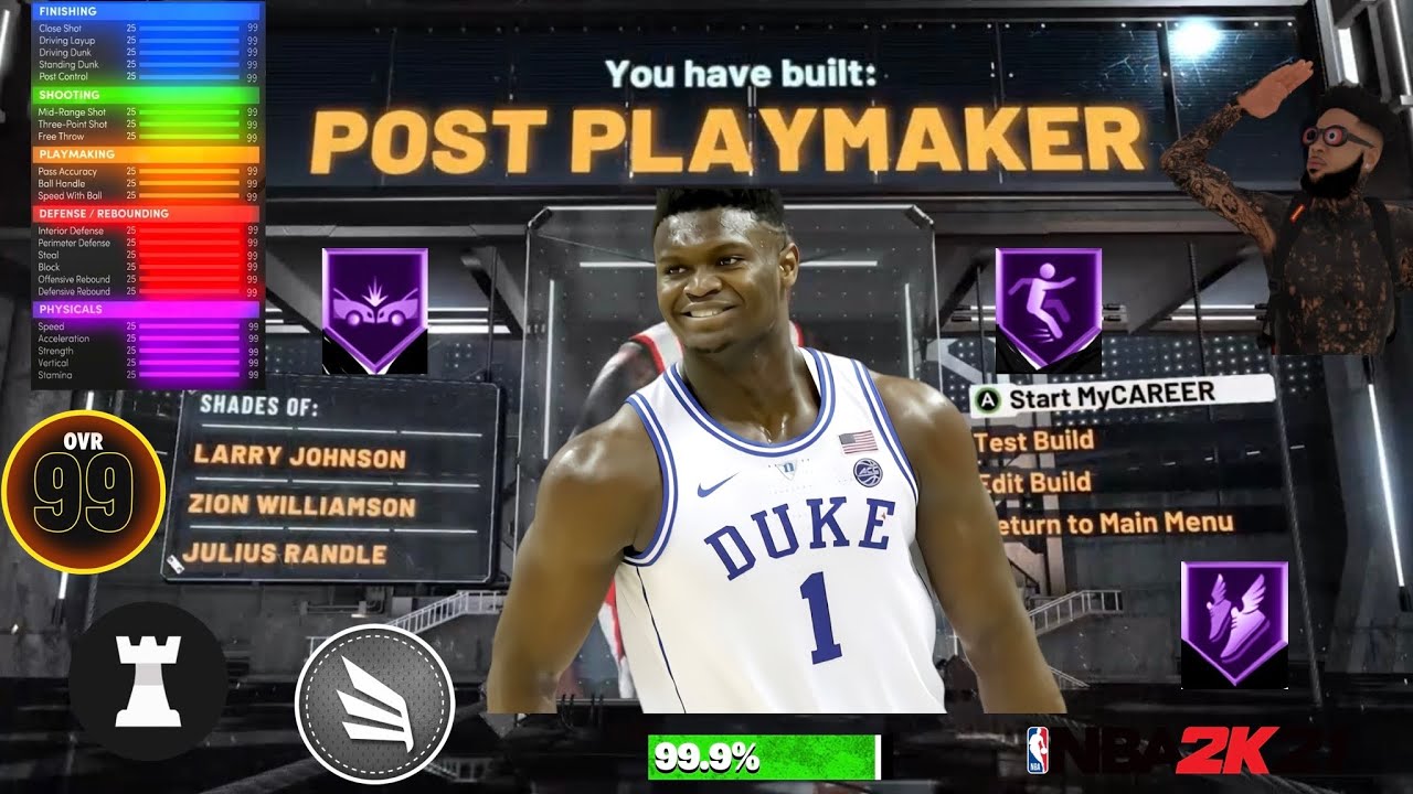 Best post playmaker build NBA 2K21 current gen - 53 badges - speed boost an...