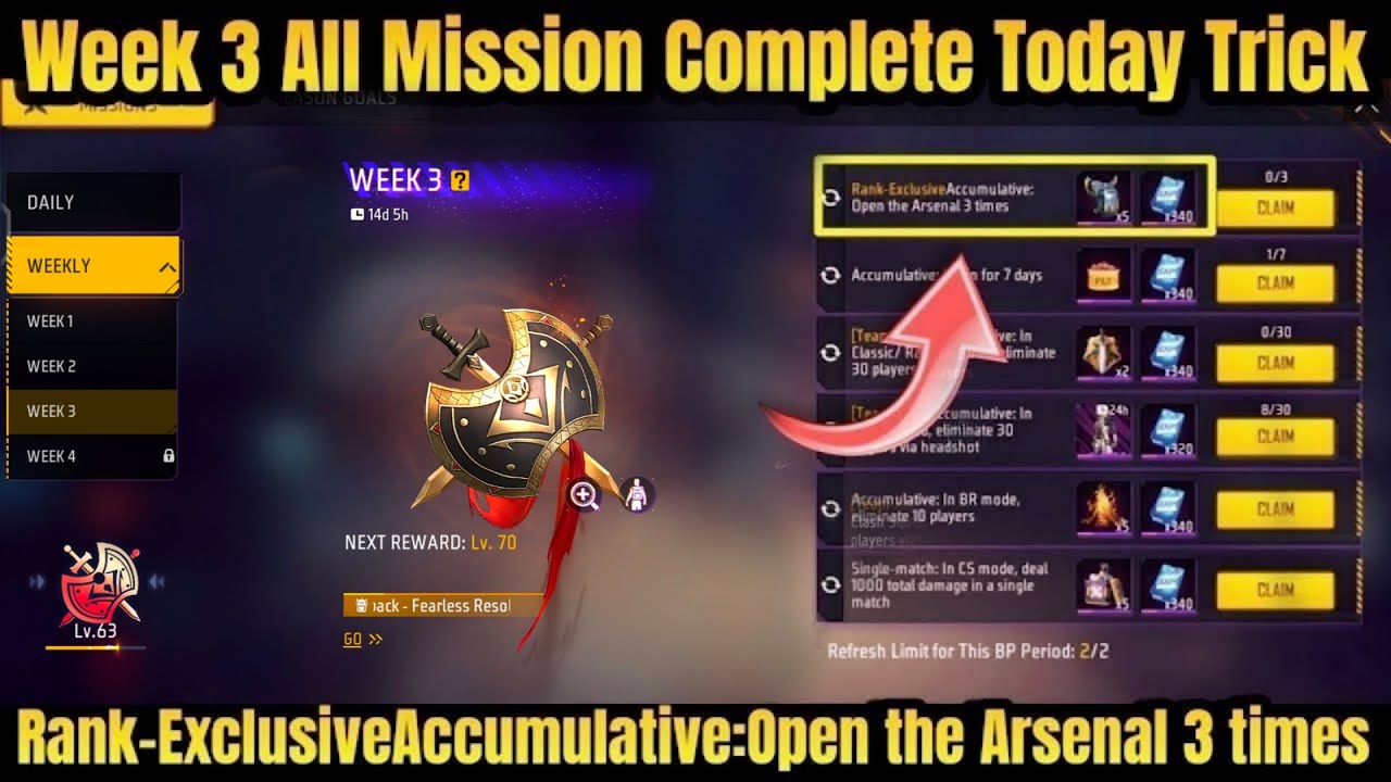 Open the Arsenal 3 times Complete Trick | FF Mission Open The Arsenal 3 Times | Booyah Pass Mission