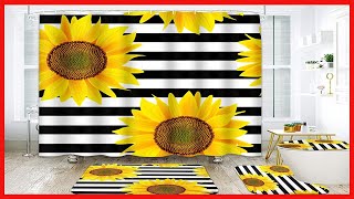 ArtSocket 4 Pcs Shower Curtain Set Sunflowers Striped Black White Flower Yellow Beautiful