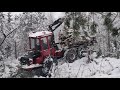 Valmet Forwarder in a snowy forest.