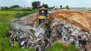 Amazing New Actions!! Technique Skills Dozer Clear Garbage Dump Waste Construction Stone Into Water