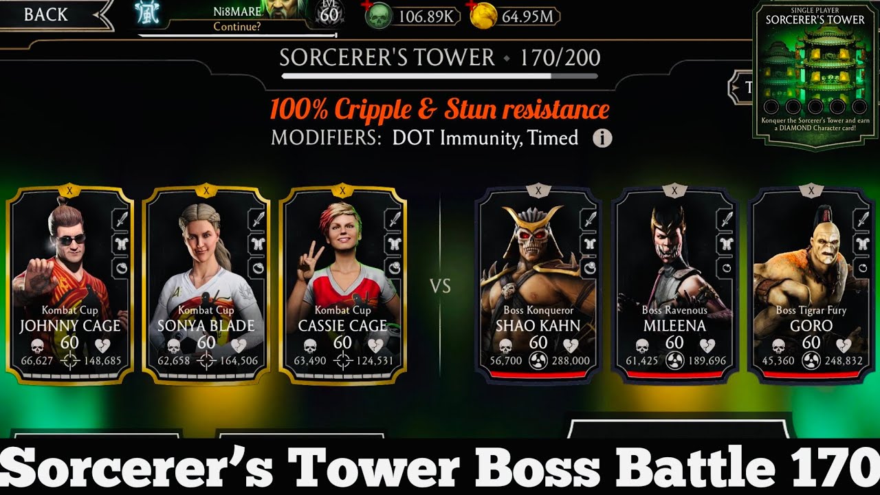 Sorcerer’s Tower Bosses Battle 170 Fight + Reward | 100% Cripple & Stun Resistance | MK Mobile