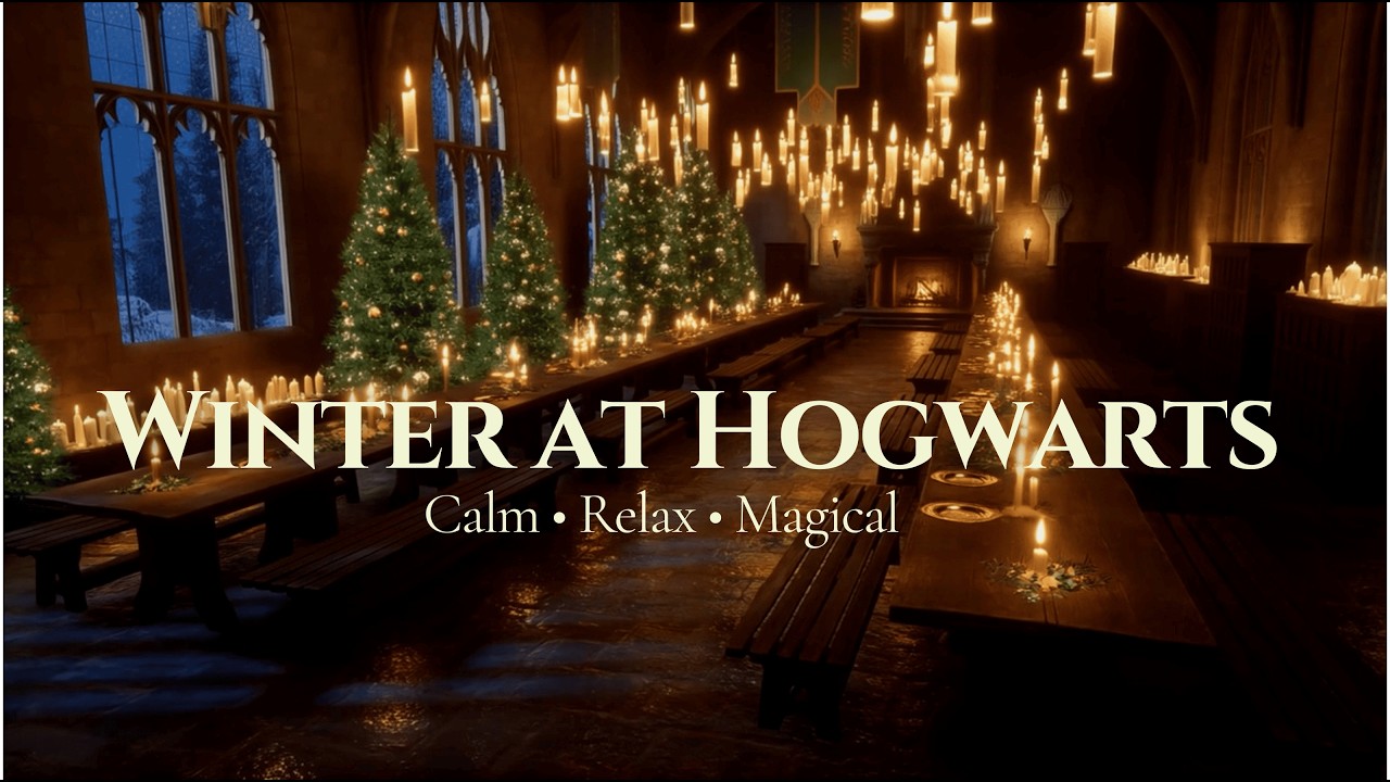 4K Hogwarts Great Hall Winter Ambience 🎄 Harry Potter Christmas Study Music | Cozy Fireplace & Snow