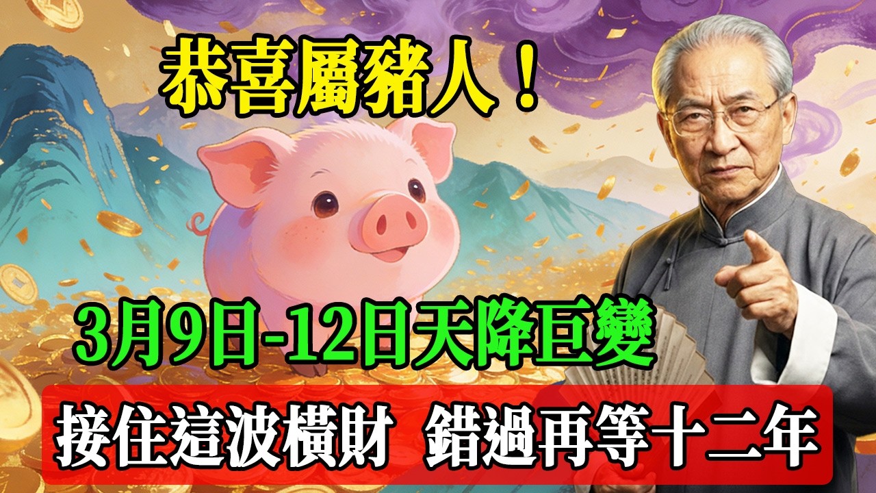 恭喜屬豬人！3月9日-12日天降巨變！貴人攜財庫降臨，務必接住這波橫財，錯過再等十二年！#南懷瑾  #國學 #易經 #開運 #招財#風水 #2026運勢#屬相 #生肖運勢#生肖命理