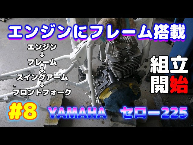 8 エンジンにフレームを搭載して、スイングアームとフロントフォークを
