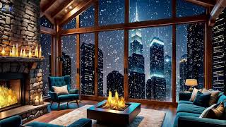 ❄️Snowy City View and Relaxing Fireplace Sound, Peaceful Living Room / Sleep, rest, study🔥