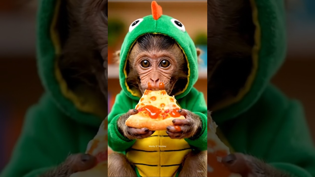 Baby Monkey Dino Eats Pizza Like a Champ! 🍕🦖  