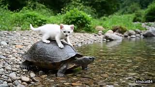 Funny Kitten Rides A Turtle