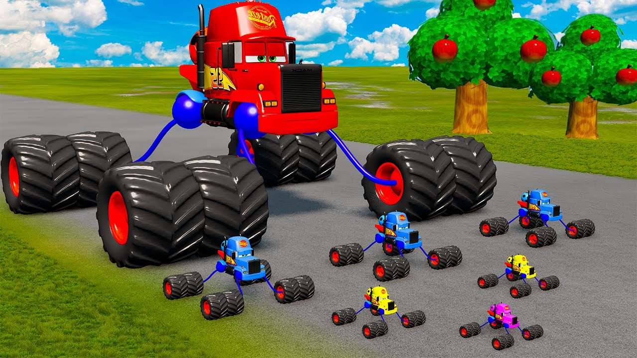 Big & Small Long Bus Spider Lightning McQueen vs Mack Truck Monster with Thomas Train | BeamNG.Drive