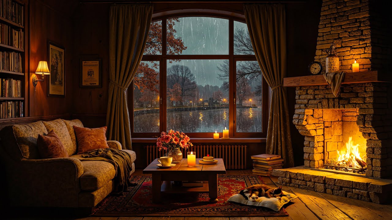 🌧 Rainy Evening in a Cozy Room | Smooth Jazz Piano Music & Crackling Fireplace Sounds for Relaxation