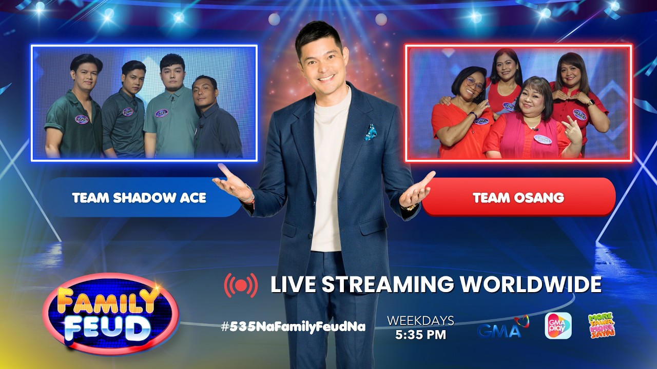 The brilliantly lit studio stage of Family Feud Philippines on GMA Network, where viewers can join the Guess to Win promo