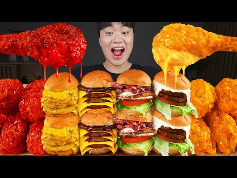 ASMR MUKBANG | Hamburger, peynir çubuğu, Ateş Eriştesi, kızarmış tavuk Tarif ! yemek yiyor