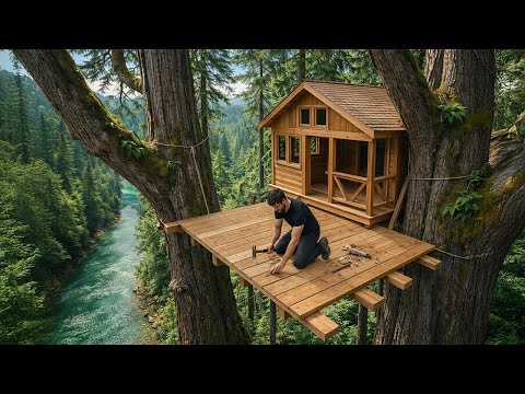 Man Builds a Log Cabin Between Two Giant Trees — Alone | From Start to Finish@norusarubushcraft