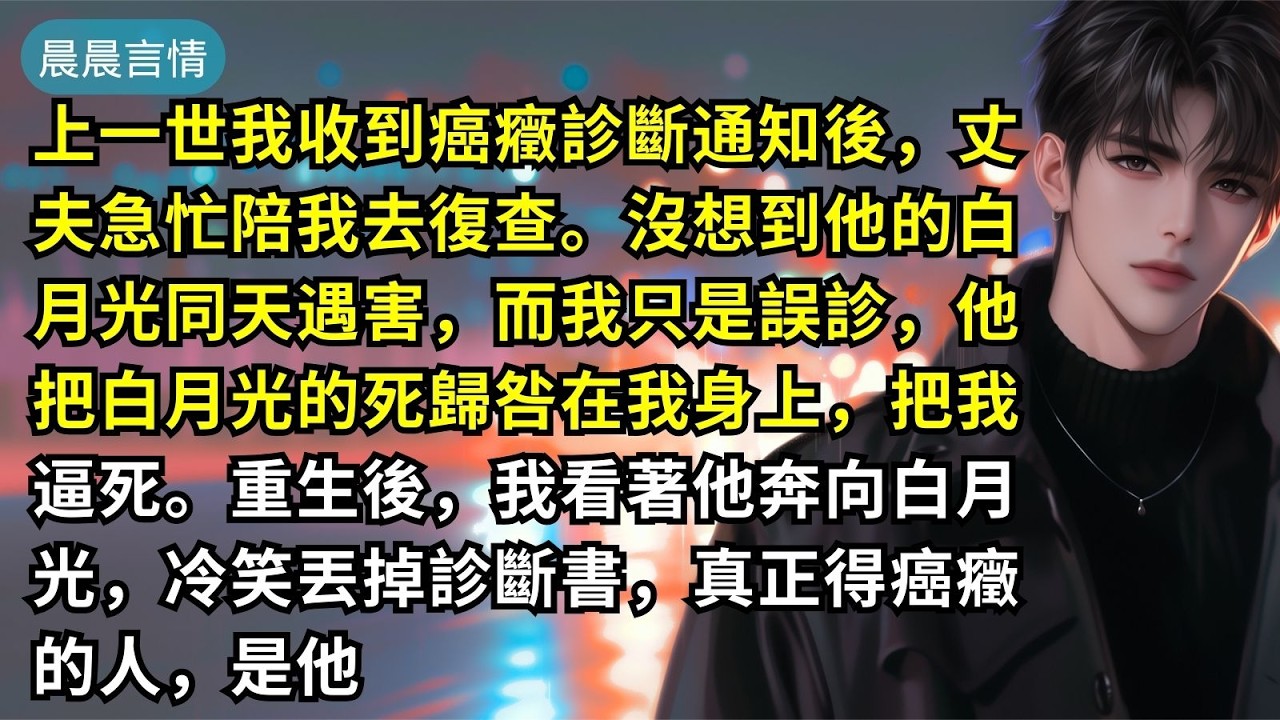 上一世我收到癌癥診斷通知後，丈夫急忙陪我去復查。沒想到他的白月光同天遇害，而我只是誤診，他把白月光的死歸咎在我身上，把我逼死。重生後，我看著他奔向白月光，冷笑丟掉診斷書，真正得癌癥的人，是他