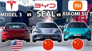 2025 Tesla model 3 vs 2025 BYD Seal vs 2025 Xiaomi su7  BYD vs Tesla vs Xiaomi  Which is better?