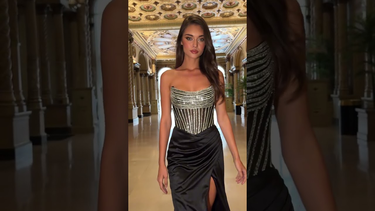 Crystal strapless satin dress C161 in Black 