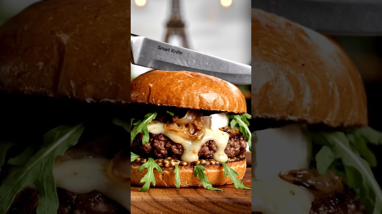 French Bistro Burger 🥖 | Brie Cheese, Caramelised Onions & ASMR Smart Knife Cutting
