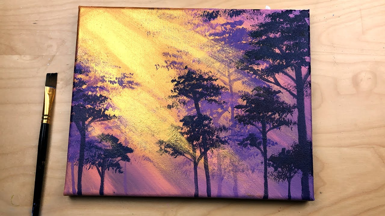 Gold Purple Forest  Easy Acrylic Painting Step by Step for