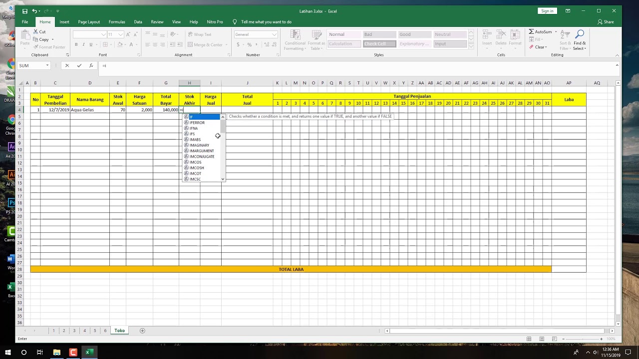 Tutorial Excell part 11 contoh pembukuan toko  sederhana 