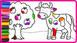 गाय और सेब के पेड़ की ड्रॉइंग व मार्कर कलरिंग 🐄🍎 | Cow and Apple Tree Coloring for Kids