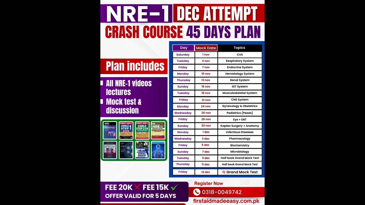 NRE-1 DEC ATTEMPT CRASH COURSE | 45 Days Study Plan | First Aid Made Easy Platform #pmdc #nre1