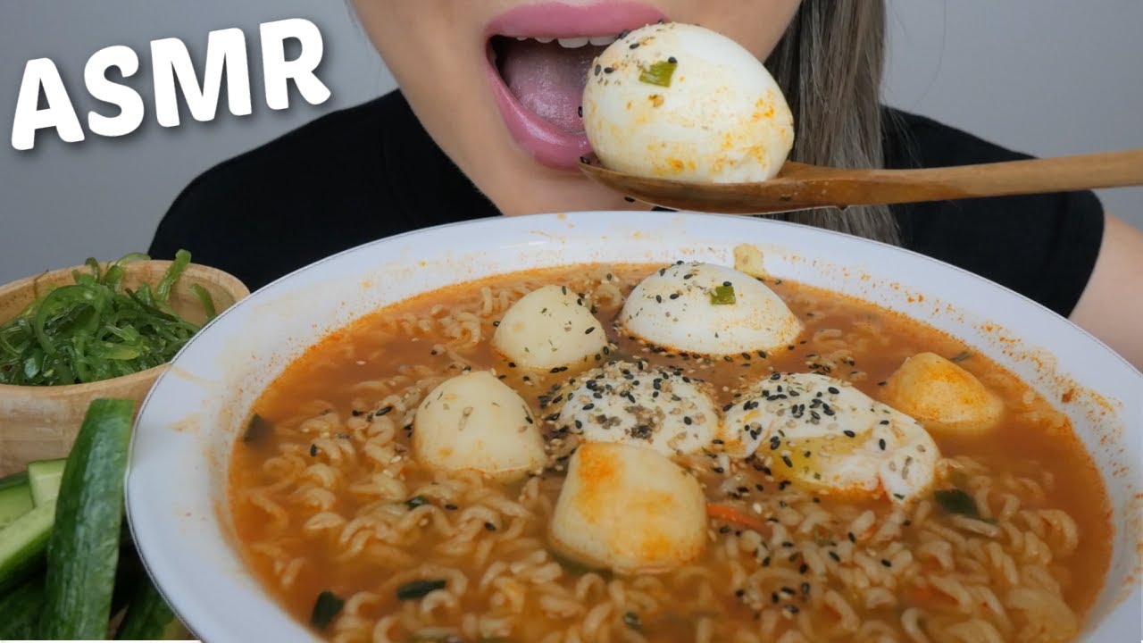 Soft Boil Eggs SPICY Samyang Noodles Soup with Fish Balls *ASMR Food Sounds | N.E Let's Eat