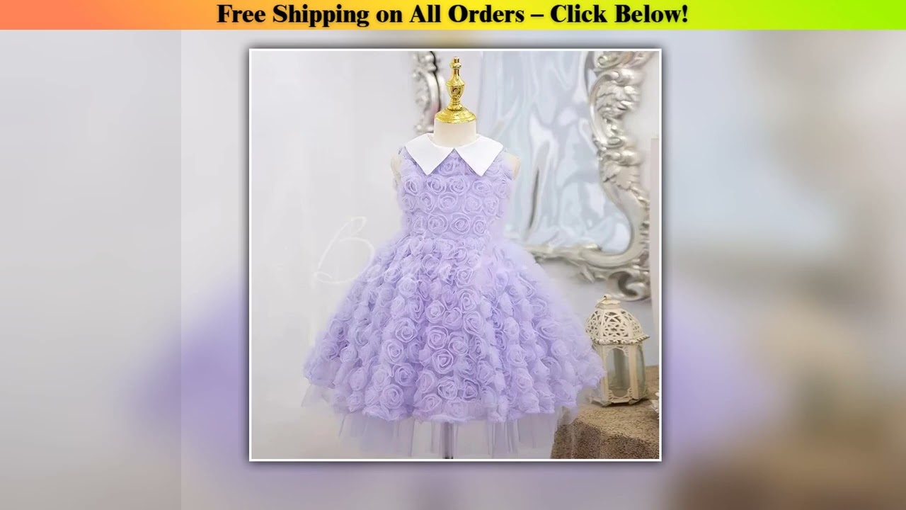 Purple 3D Flower Girls Princess Dress Gown Wedding Ring Bearer Outfit Cute Sweet Bow Party