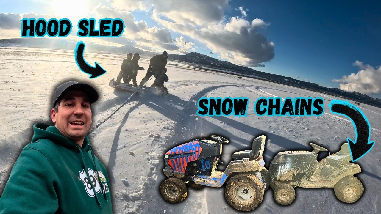 Snowmobiles OUT, LawnMowers With Snow Chains IN!  With A WILD Ride On A HOOD!!
