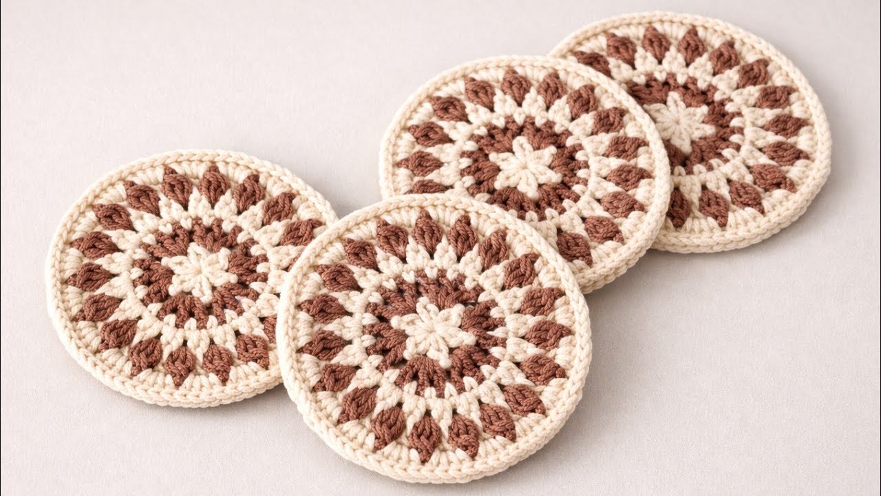 Схема вязания крючком набора подставок под кружки | Минималистичный и элегантный дизайн в виде сн...