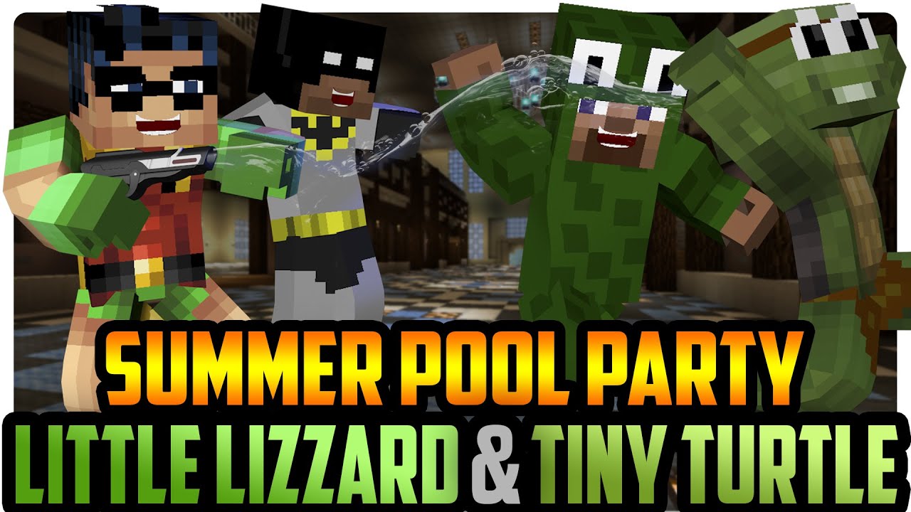 Minecraft Pool Party: LittleLizard and TinyTurtle vs Batman and Robin!