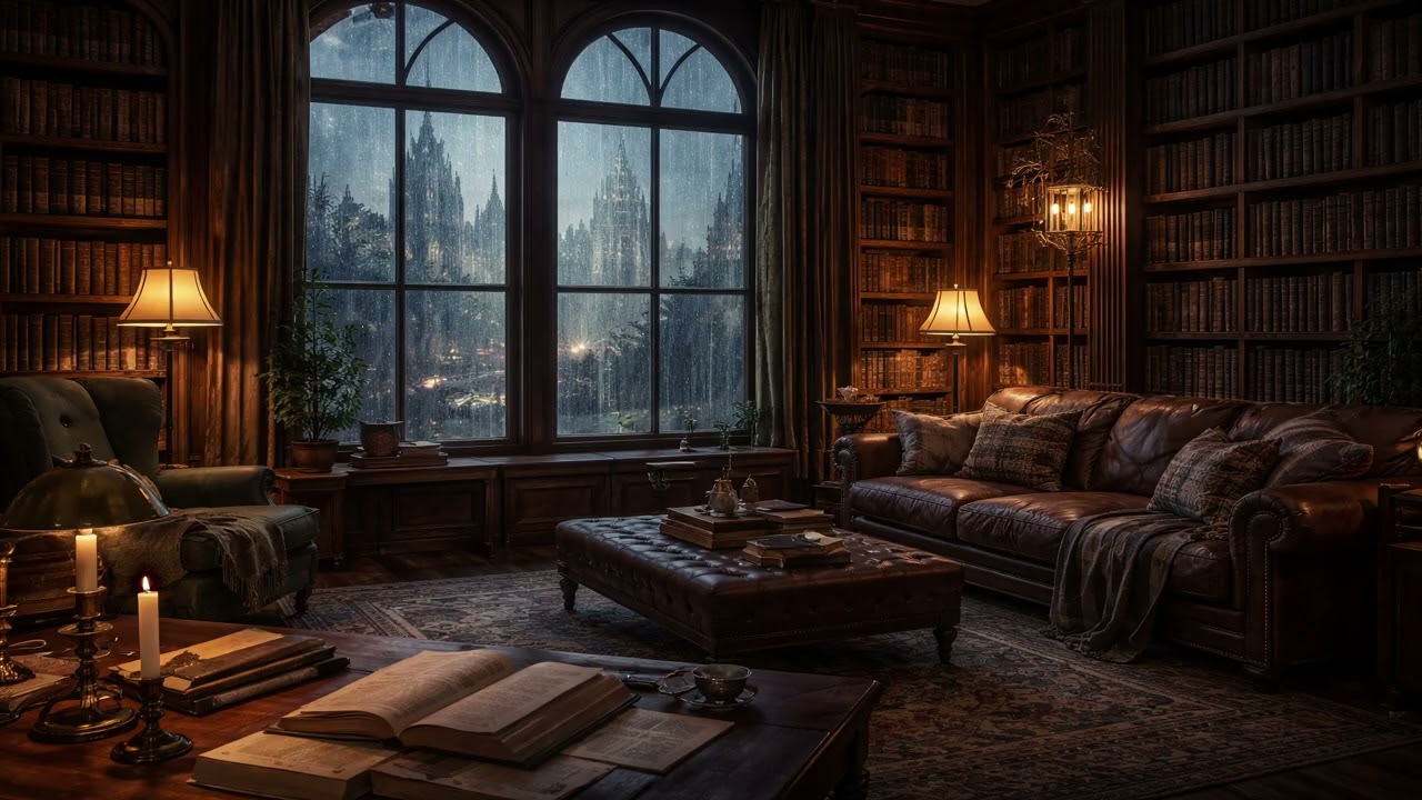 Cozy Library Rain Ambience ☔📚 | Smooth Jazz Piano & Heavy Rain Sounds | Harry Potter Inspired Study