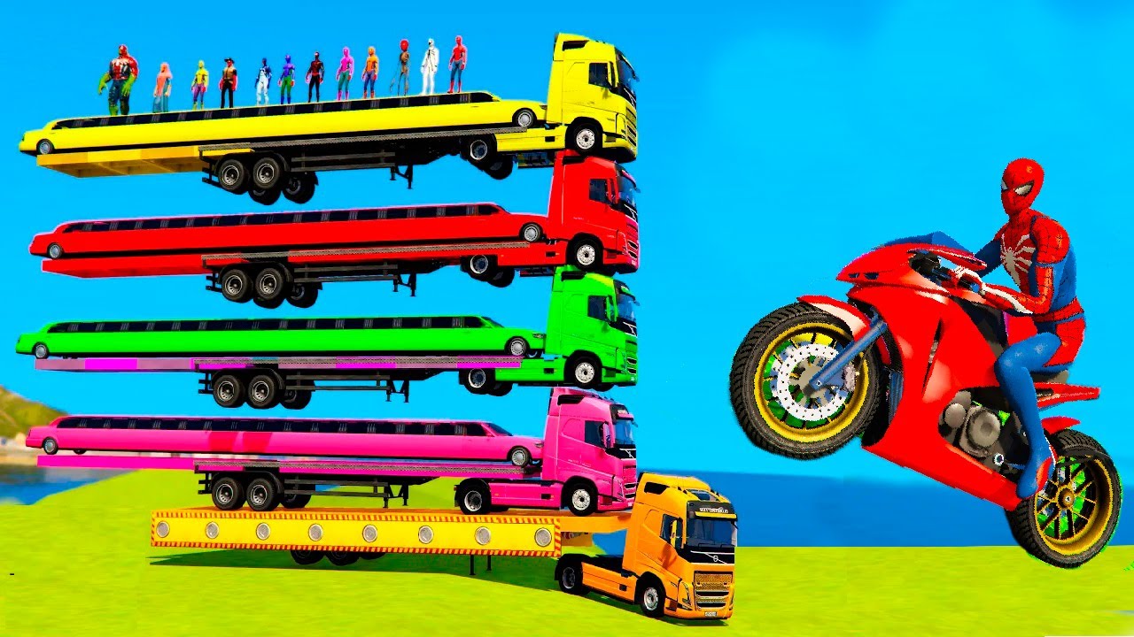 Giant Trailer Challenge: Moving Cars, Trucks & Buses with Spiderman | GTA 5