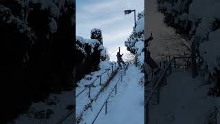 Skier grinds hand rail then falls off and hits face on pole at the end