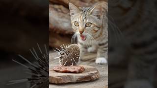 High Stakes Snack Mini Hystrix Eats Steak Under Tabby Cats Watchful Eye